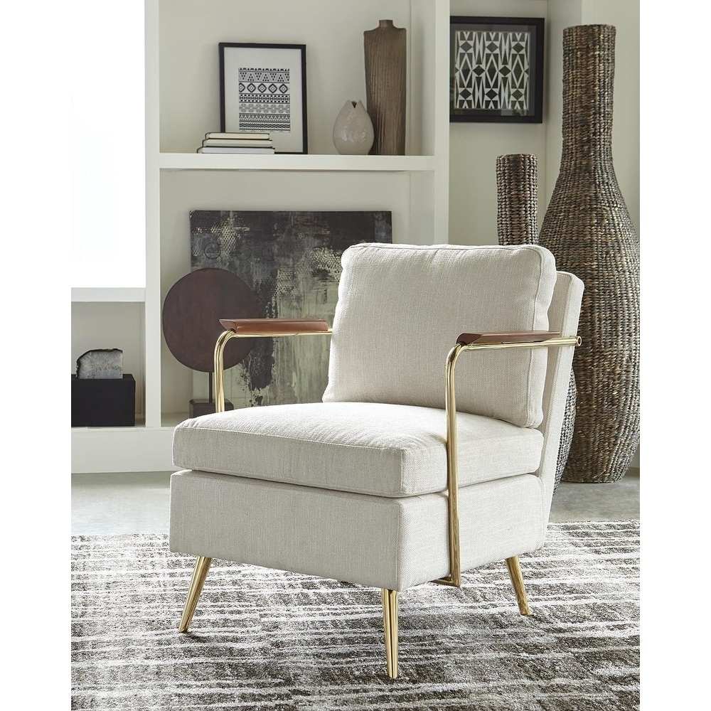 Overstock Trenton Beige And Brass Cushion Back Accent Chair Brass