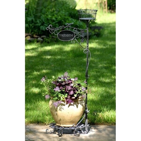 Shop 45" Two Pot Plant Stand with Welcome Sign in Antique Silver - Free