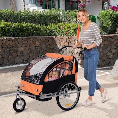 Aosom Elite 2-Seat Kid Bicycle Trailer / Jogger with Windows and Canopy, Includes Coupler Attachment, Orange / Black