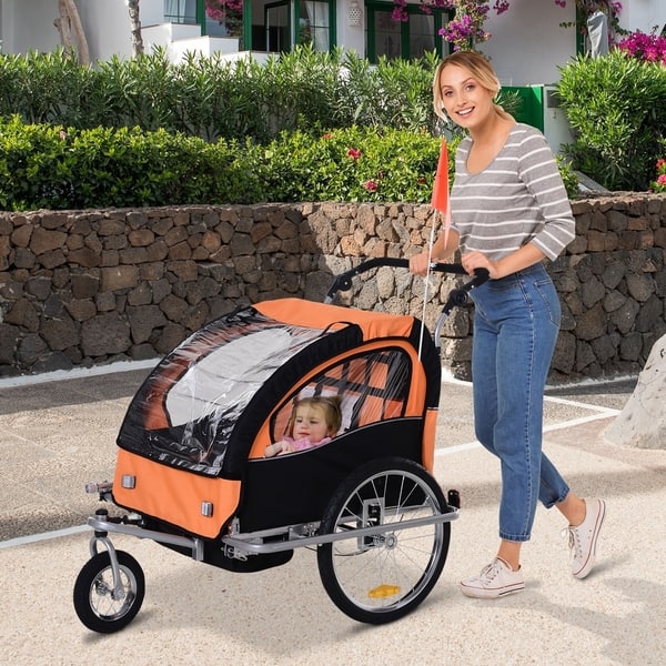 slide 2 of 10, Aosom Elite 2-Seat Kid Bicycle Trailer / Jogger with Windows and Canopy, Includes Coupler Attachment, Orange / Black