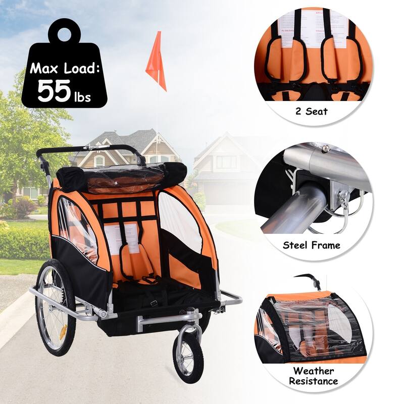 Aosom Elite 2-Seat Kid Bicycle Trailer / Jogger with Windows and Canopy, Includes Coupler Attachment, Orange / Black
