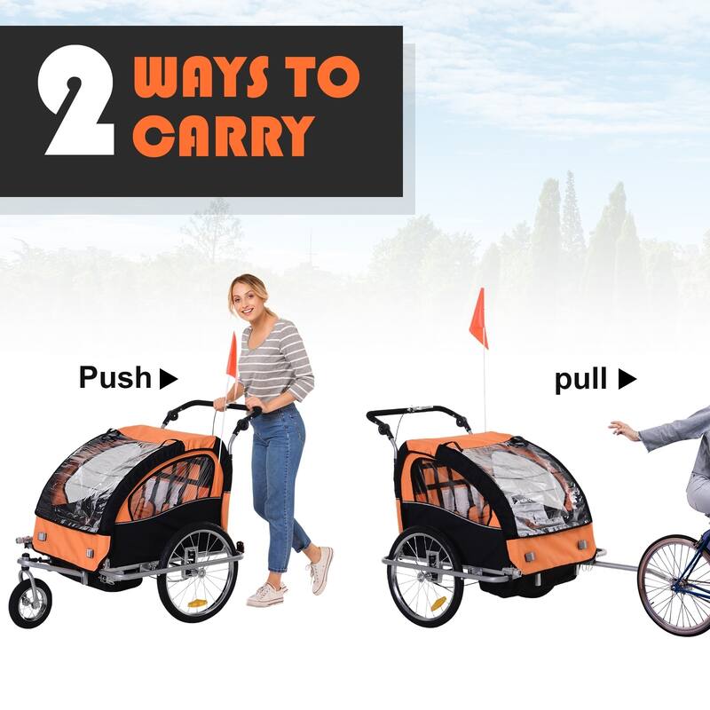 Aosom Elite 2-Seat Kid Bicycle Trailer / Jogger with Windows and Canopy, Includes Coupler Attachment, Orange / Black