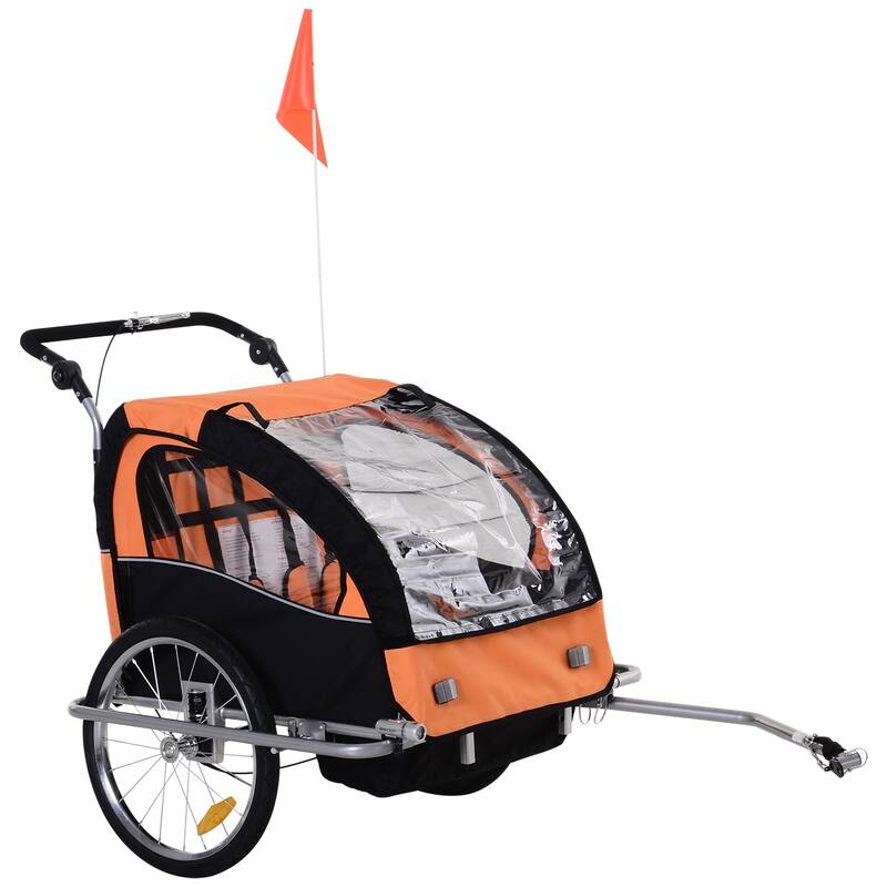 Aosom Elite 2-Seat Kid Bicycle Trailer / Jogger with Windows and Canopy, Includes Coupler Attachment, Orange / Black