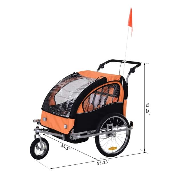 Aosom Elite 2-Seat Kid Bicycle Trailer / Jogger with Windows and Canopy, Includes Coupler Attachment, Orange / Black