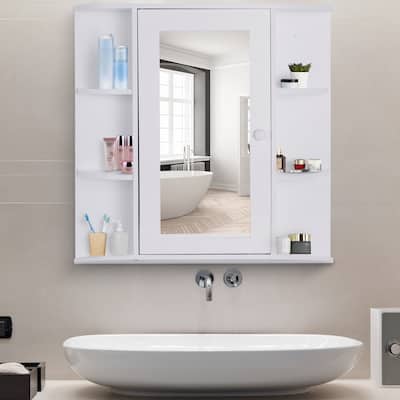HOMCOM Over-the-Sink Bathroom Storage Organizer Cabinet with Mirrored Door and Multiple Shelves, White