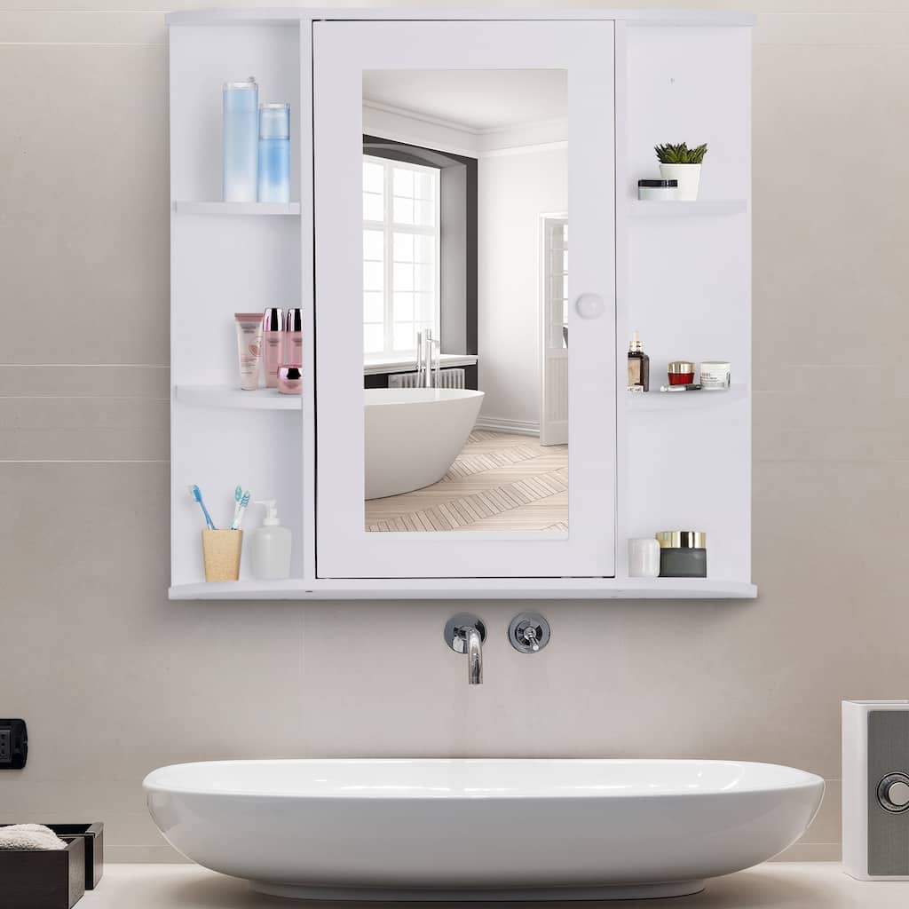 HOMCOM Over-the-Sink Bathroom Storage Organizer Cabinet with Mirrored Door and Multiple Shelves, White