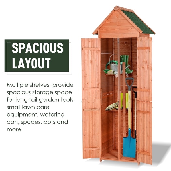 Wooden outdoor garden cabinet utility storage tools shelf box shed piched roof