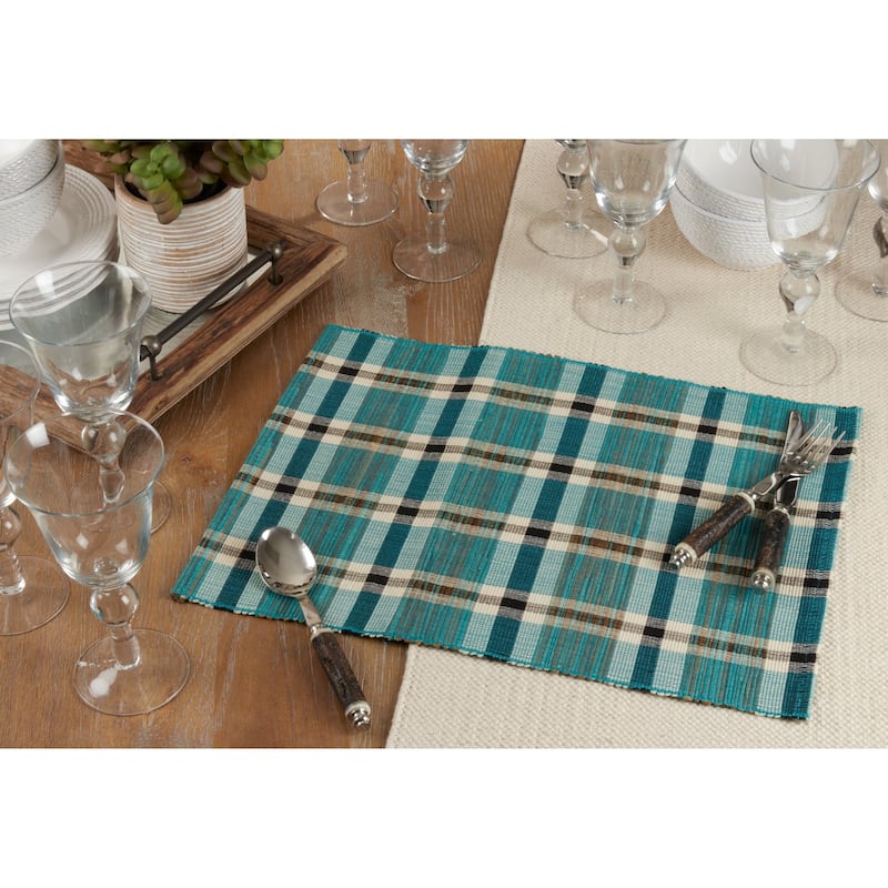 Water Hyacinth Placemats With Plaid Woven Design (Set of 4) - Turquoise - Set of 4