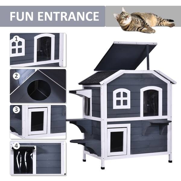 Pawhut Solid Wood Cat House 2 Stories With Indoor Lounge Space Indoor Outdoor And Fun Entrances Catio On Sale Overstock 30700889