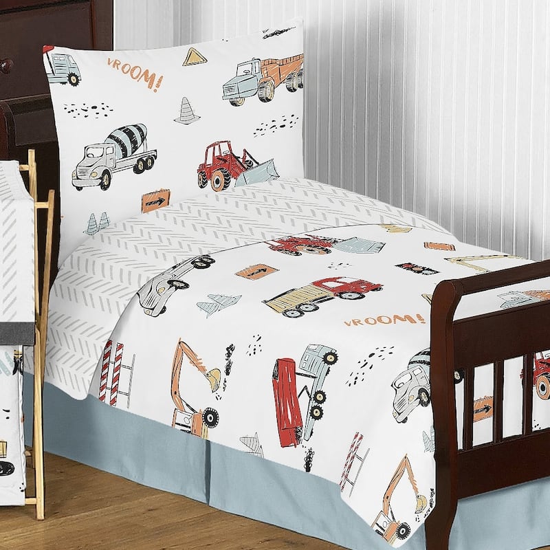 Sweet Jojo Designs Construction Truck Boy 5pc Toddler Comforter Set - Grey Yellow Orange Red Blue Transportation Chevron