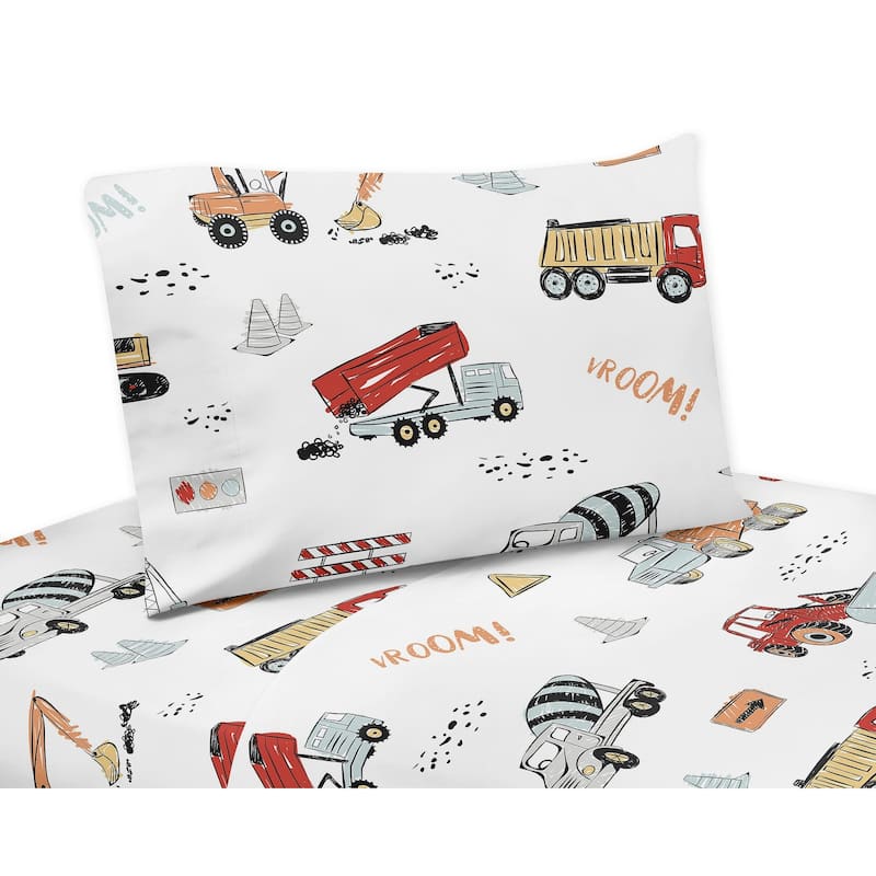 Sweet Jojo Designs Construction Truck Collection 3-piece Twin Sheet Set - Grey Yellow Orange Red and Blue Transportation