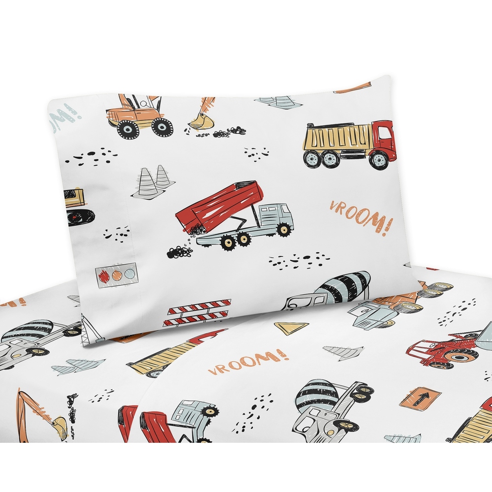 Sweet Jojo Designs Construction Truck Collection 3-piece Twin Sheet Set - Grey Yellow Orange Red and Blue Transportation