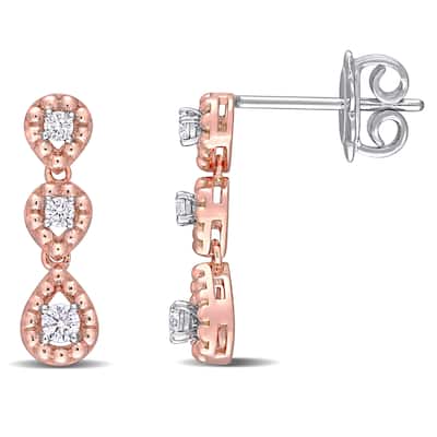 Miadora 14k 2-tone Rose and White Gold 1/5ct TDW Diamond 3-stone Halo Teardrop Dangle Earrings - N/A