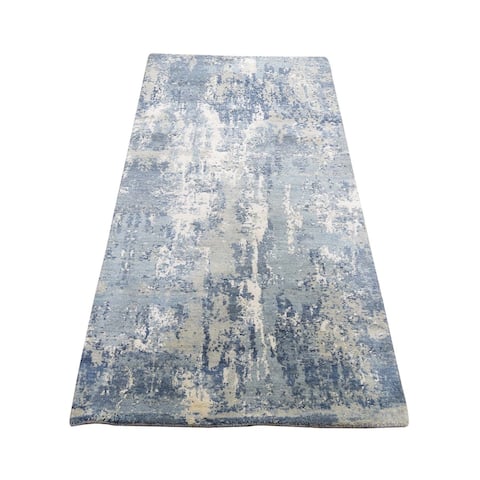 Shahbanu Rugs Blue Abstract Design Wool & Pure Silk Hand Knotted Runner Oriental Rug (2'6" x 6'2") - 2'6" x 6'2"