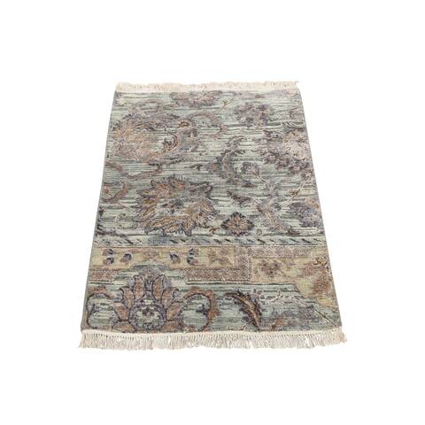 Shahbanu Rugs Light Green Pure Silk with Textured Wool Mughal Design Hand Knotted Oriental Rug (2'0" x 3'0") - 2'0" x 3'0"