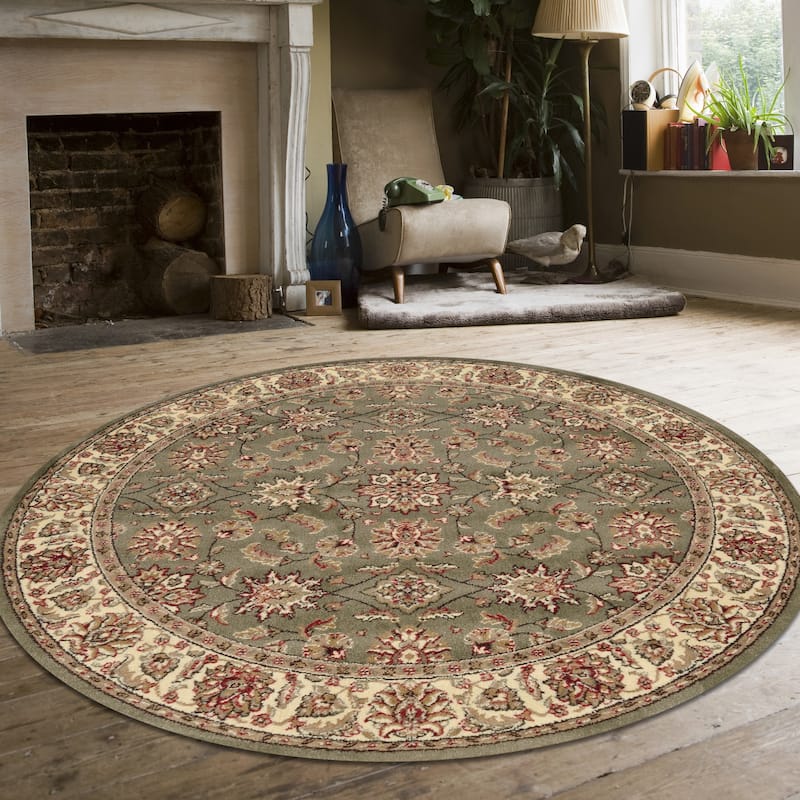 Admire Home Living Amalfi Traditional Floral Sarouk Pattern Area Rug - Sage - 5'3" Round