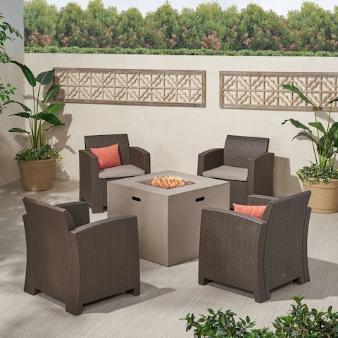 Houston Outdoor 4-Seater Wicker Print Chat Set with Propane Fire Pit by Christopher Knight Home
