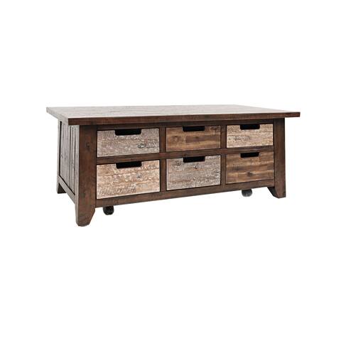 Wooden Cocktail Table with 6 Drawer Storage and Caster Wheels, Brown