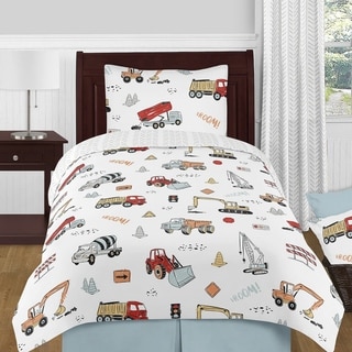 Sweet Jojo Designs Construction Truck Boy 4pc Twin Comforter Set - Grey Yellow Orange Red Blue Transportation Chevron