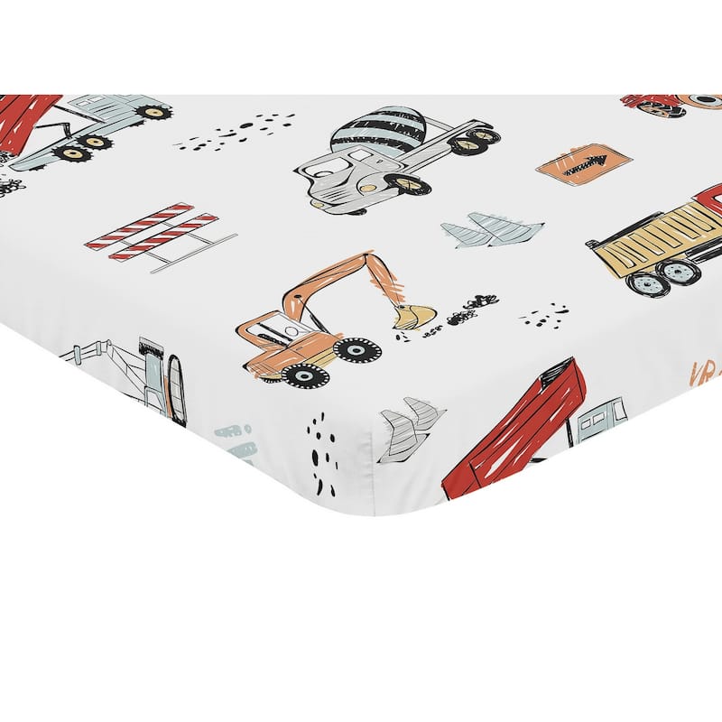 Sweet Jojo Designs Construction Truck Boy Fitted Mini Portable Crib Sheet - Grey Yellow Orange Red Blue Transportation