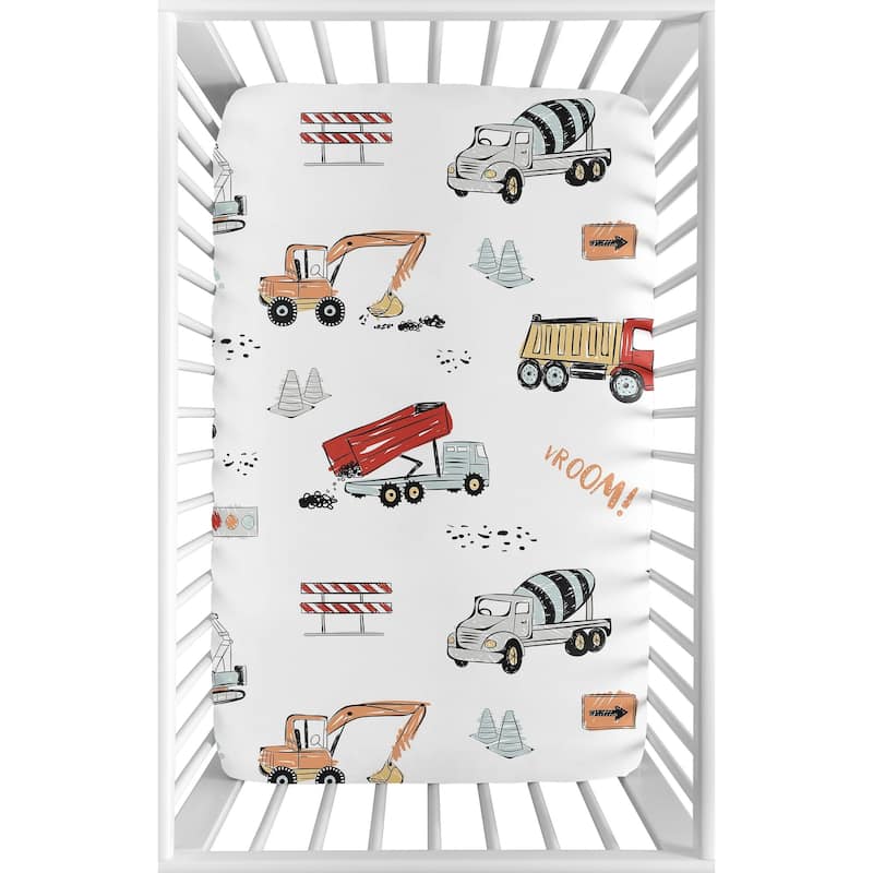 Sweet Jojo Designs Construction Truck Boy Fitted Mini Portable Crib Sheet - Grey Yellow Orange Red Blue Transportation