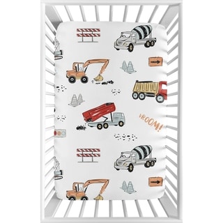 Sweet Jojo Designs Construction Truck Boy Fitted Mini Portable Crib Sheet - Grey Yellow Orange Red Blue Transportation