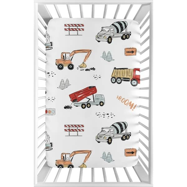 slide 2 of 3, Sweet Jojo Designs Construction Truck Boy Fitted Mini Portable Crib Sheet - Grey Yellow Orange Red Blue Transportation