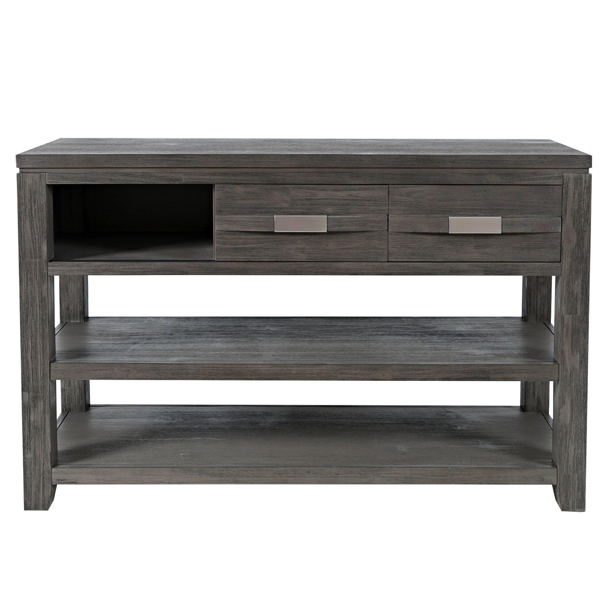 Wooden Sofa Table With 3 Open Compartments And 2 Sliding Wooden Sofa Table With 3 Open