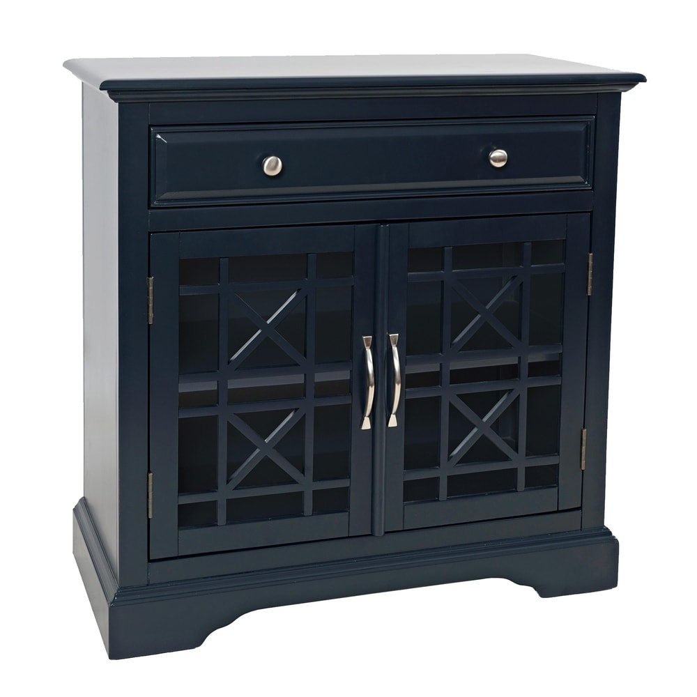 Overstock Wooden 2 Door Accent Chest with Single Drawer and X Motif Details, Blue