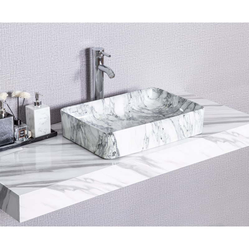 CB HOME Modern Marble Pattern Ceramic Basin Rectangle Vessel Sink - Light Grey Marble