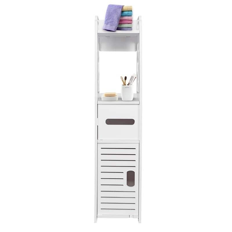 4-Tier Bathroom Standing Shelf Storage Closet Organizer Free Standing Shelves Rack Cabinet with 2 Doors - White - Painted