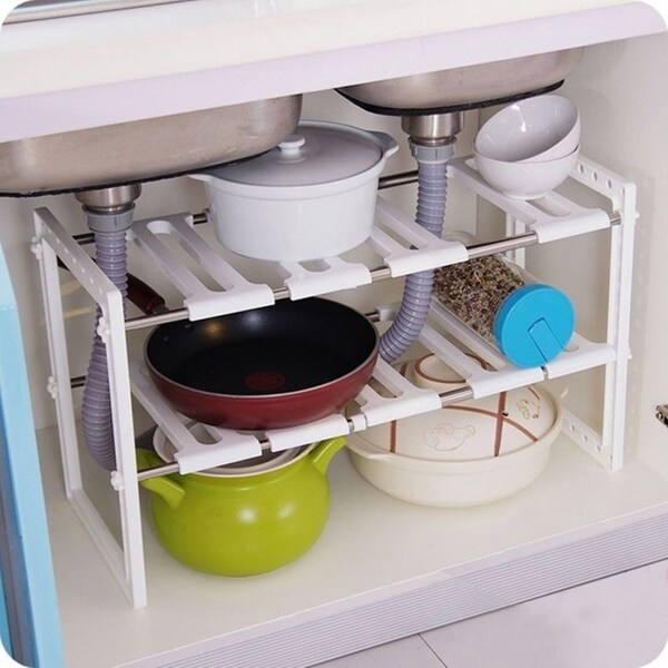 Space Saving Adjustable Stainless Steel Cupboard Kitchen Organizer Tidy Rack Storage Shelf Under Sink White 