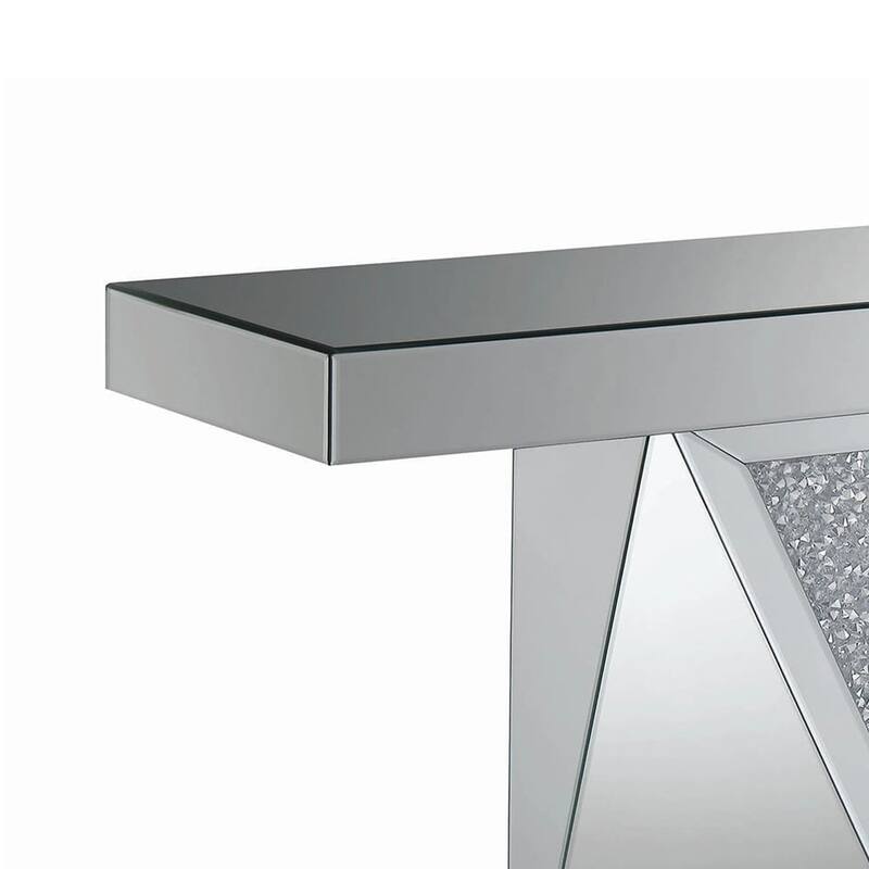 47 Inch Sofa Table, Mirrored, Triangular Encrusted Crystal Accents, Silver
