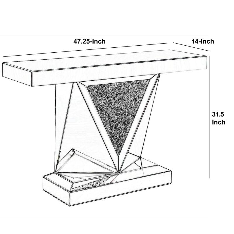 47 Inch Sofa Table, Mirrored, Triangular Encrusted Crystal Accents, Silver