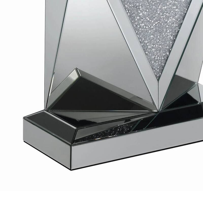 47 Inch Sofa Table, Mirrored, Triangular Encrusted Crystal Accents, Silver