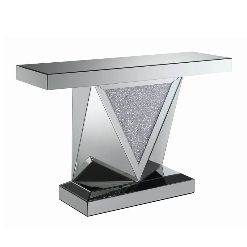 47 Inch Sofa Table, Mirrored, Triangular Encrusted Crystal Accents, Silver