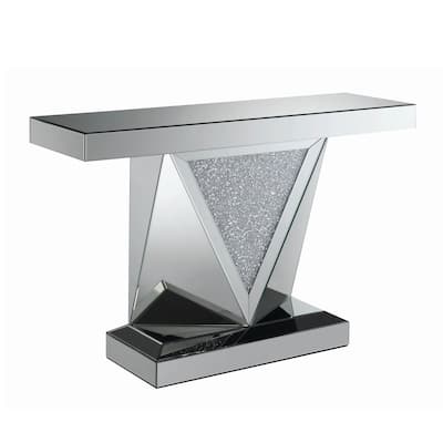 47 Inch Sofa Table, Mirrored, Triangular Encrusted Crystal Accents, Silver