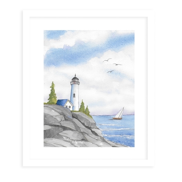 LIGHT HOUSE WITH BOAT White Framed Giclee Print By Jayne Conte