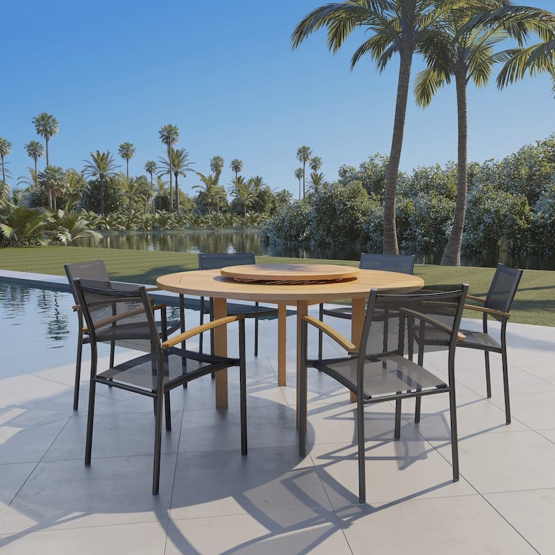 7-piece Wood Lazy Susan Dining Set with Aluminum Chairs - 7 Piece