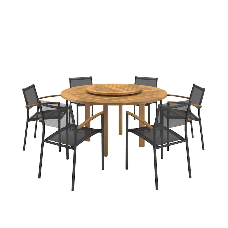 7-piece Wood Lazy Susan Dining Set with Aluminum Chairs - 7 Piece - Black