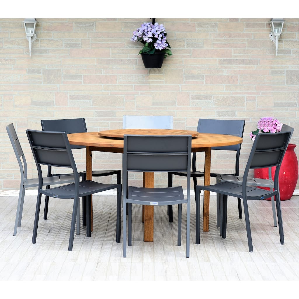 9-piece Teak Finish Table Dining Set with Lazy Susan - 9 Piece