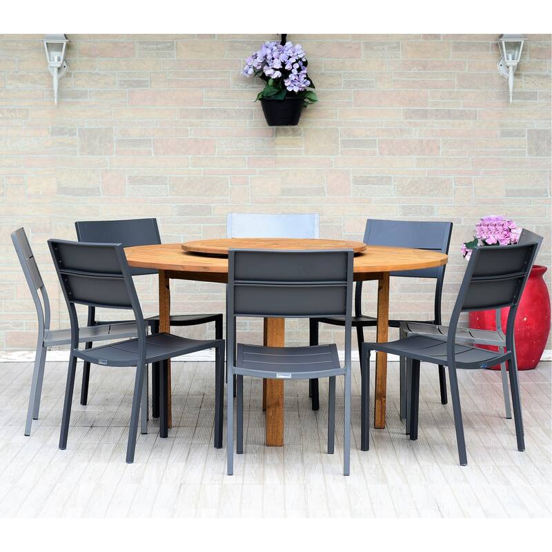 9-piece Teak Finish Table Dining Set with Lazy Susan - 9 Piece