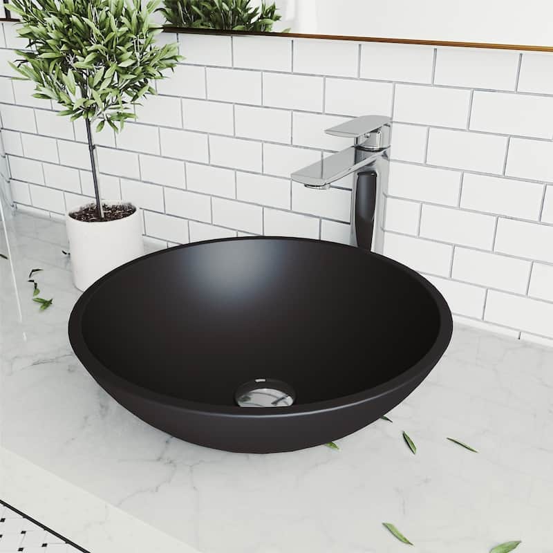 VIGO Cavalli 15"L x 15"W x 5"H Glass Round Vessel Bathroom Sink in MatteShell - Black