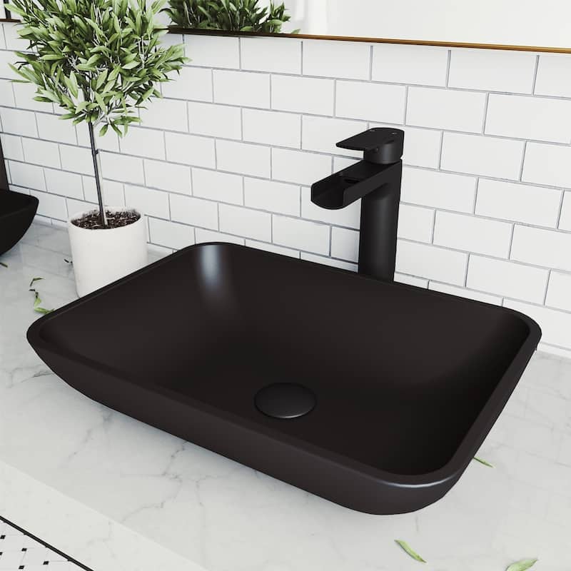 VIGO Sottile 18"L x 13"W x 4"H Glass Rectangular Vessel Bathroom Sink in MatteShell - Black