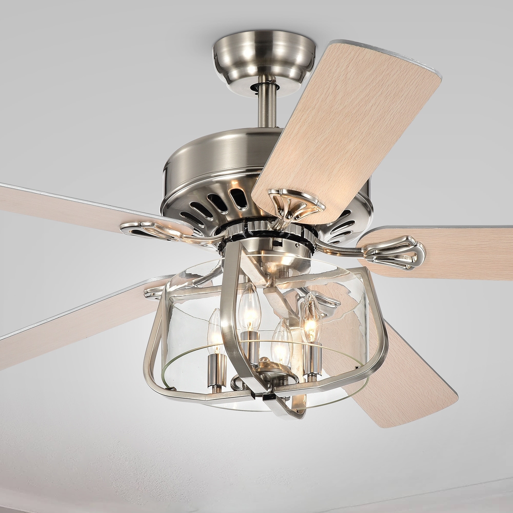 Warehouse of Tiffany Vinyen 52-inch Lighted Satin Nickel Ceiling Fan with Glass Drum Shade
