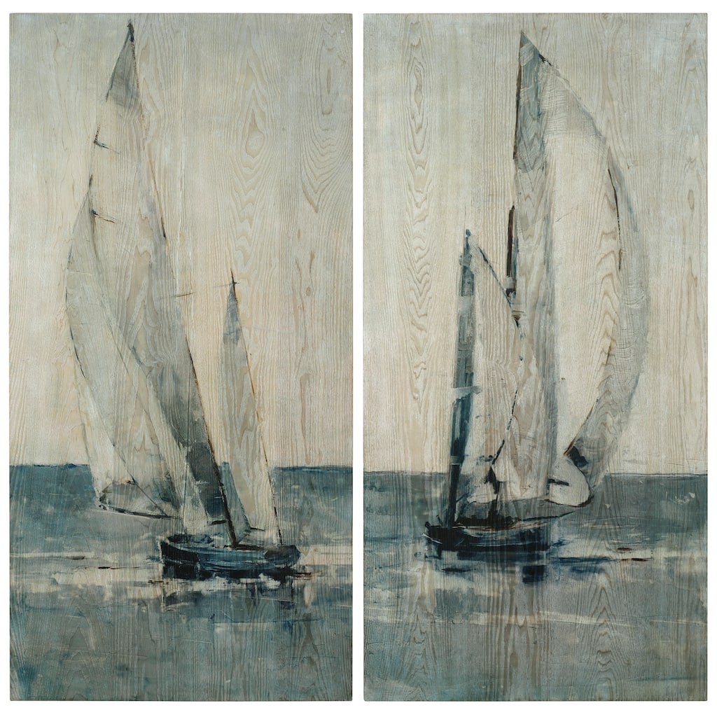 Sea & Sailboat Diptych Wall Art Printed on Hand Finished Ash Wood