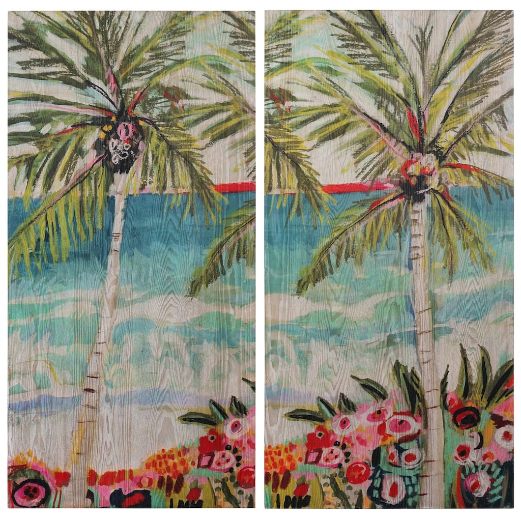 Palm Tree Diptych Wall Art Giclee Printed on Hand Finished Ash Wood - Multicolor