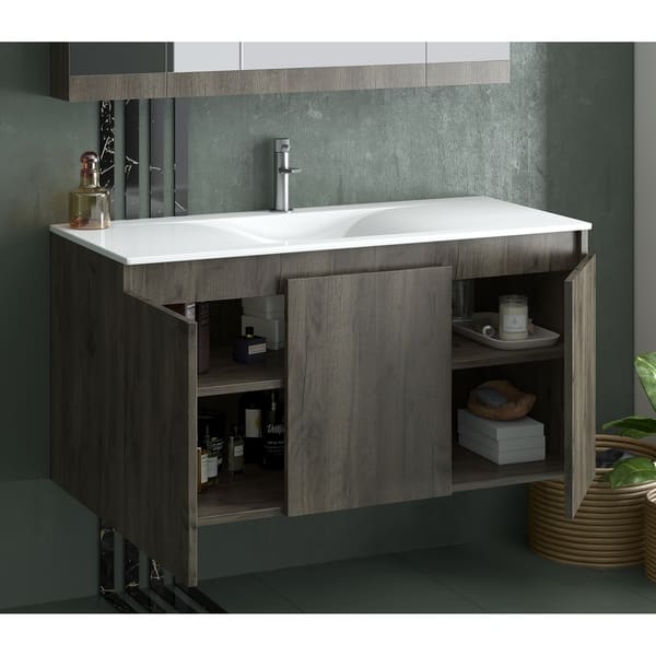 Shop Floating Bathroom Vanity Natural Walnut Brown White Porcelain Top Overstock 30732830