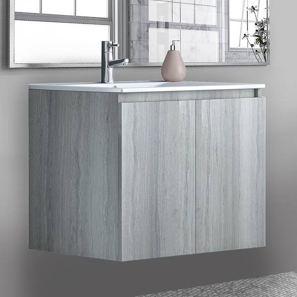 Shop 24 Inch Floating Bathroom Vanity Natural Oak Grey Finish White Porcelain Sink Overstock 30732940