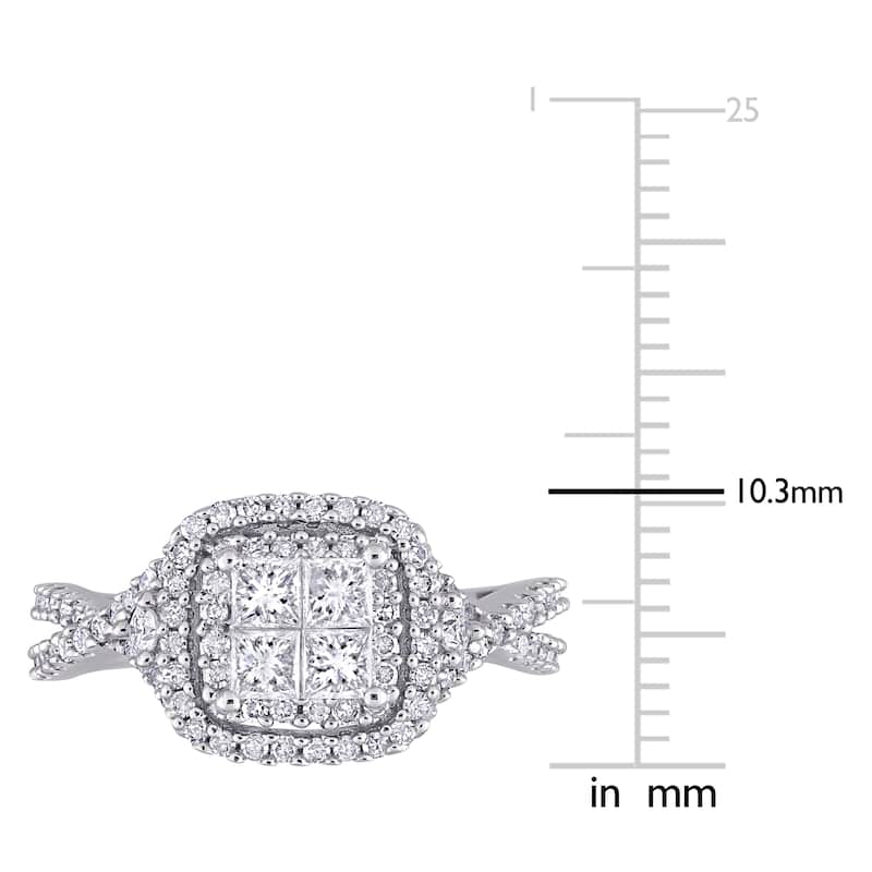 Miadora 10k White Gold 1ct TDW Princess-cut Quad Diamond Crossover Halo Engagement Ring
